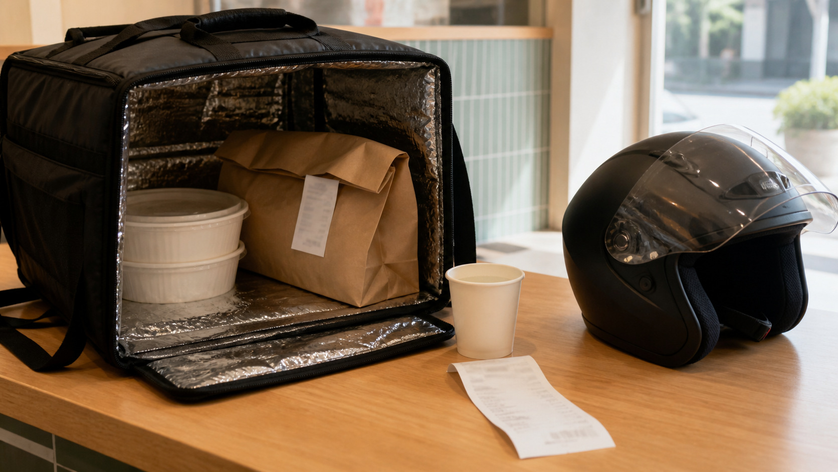 Un sac isotherme de livraison, un ticket de caisse et un gobelet sont posés sur le comptoir de retrait du restaurant, reproduisant la situation telle qu’elle s’est présentée lors du litige concernant la remise de la commande.