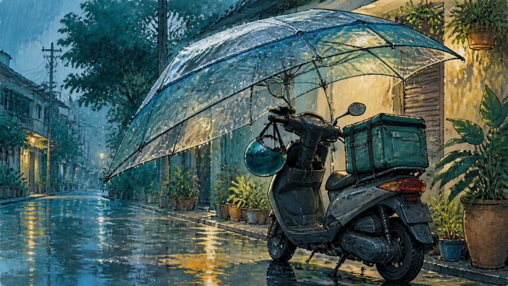 Les motos de livraison garées dans les rues par temps de pluie sont abritées sous des parapluies transparents, leur casque accroché au guidon, symbole d'assurance et de sécurité routière.