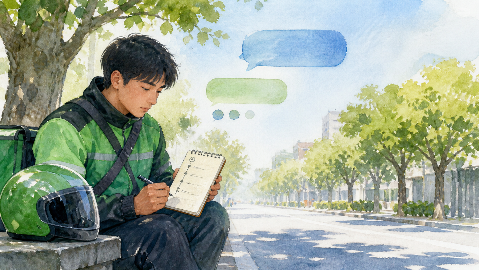 外送員在安全停靠處以筆記記錄訂單時間與申訴證據，背景是樹蔭街道。