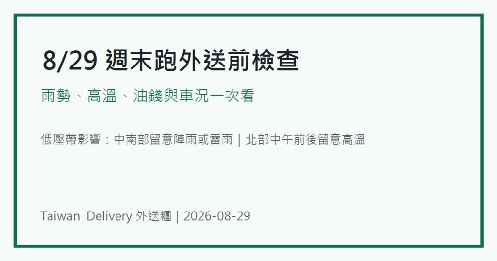 8月29日週末外送前檢查,雨勢高溫油錢與車況提醒