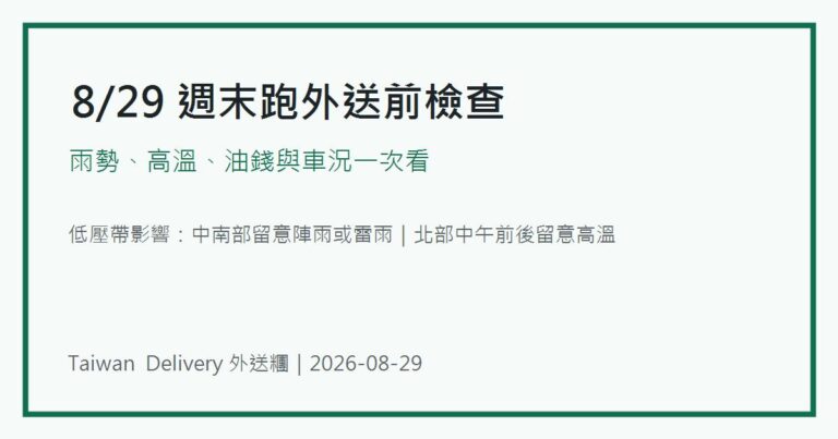 8/29週末跑外送怎麼安排:先看雨勢、高溫和油錢成本