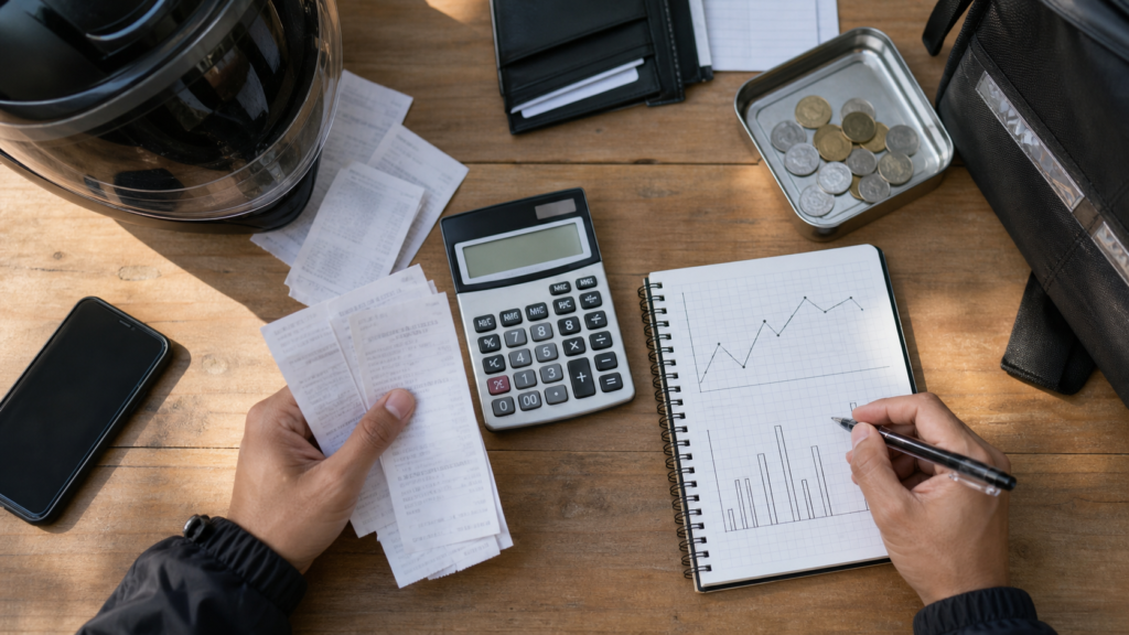 A food delivery driver organizes receipts, calculations, and cost records to demonstrate that income must be assessed after deducting actual expenses.