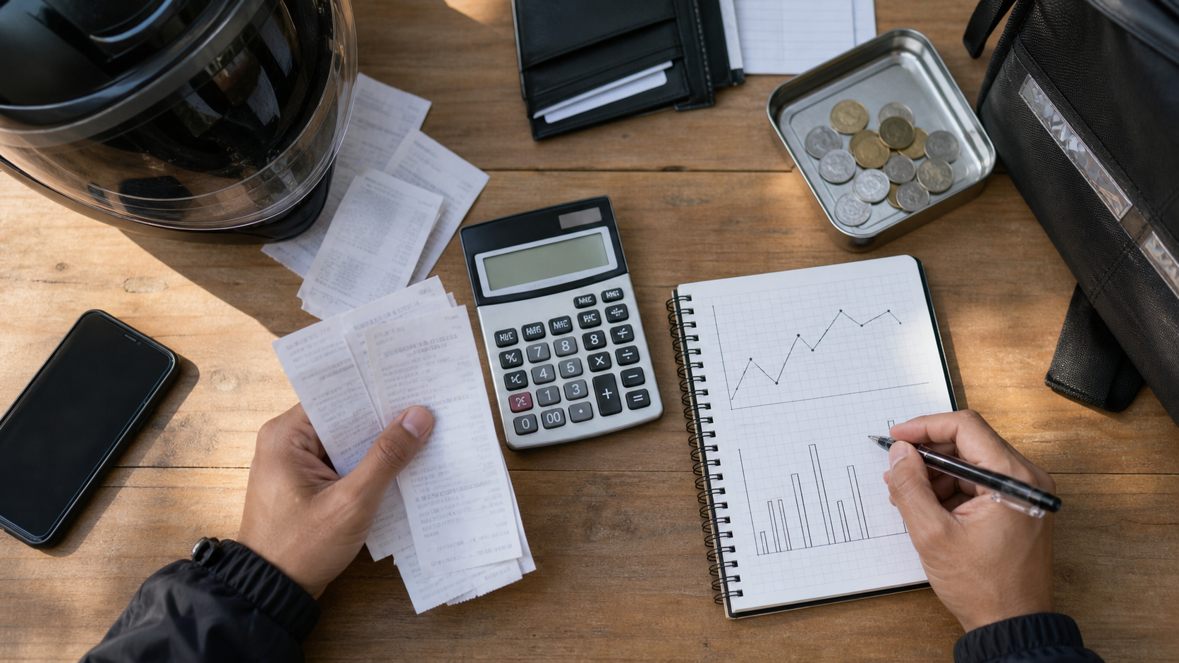 A food delivery driver organizes receipts, calculations, and cost records to demonstrate that income must be assessed after deducting actual expenses.