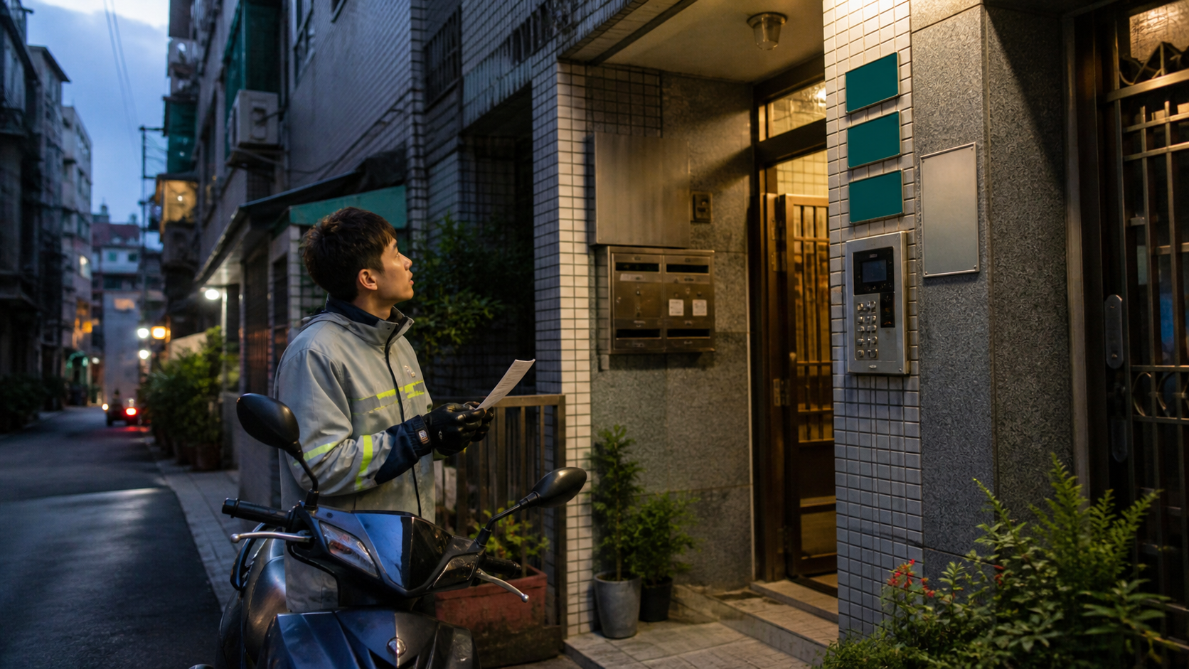 外送員在住宅入口確認地址，提醒先安全停靠再核對門牌與訂單資訊。