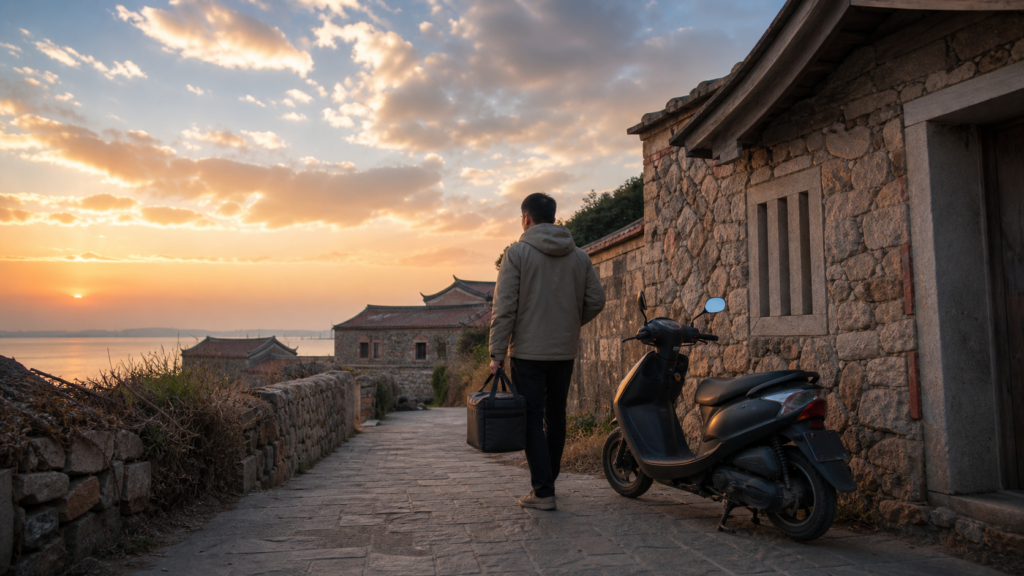 A food delivery rider and his motorcycle near the stone-walled village in Kinmen capture a local scene along the delivery routes on this outlying island.