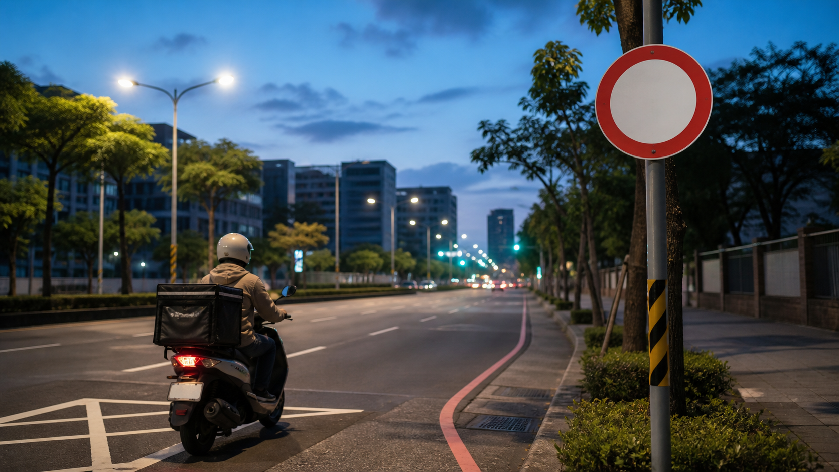 夜間道路旁的外送機車與道路標誌，提醒配送時遵守現場交通規則。