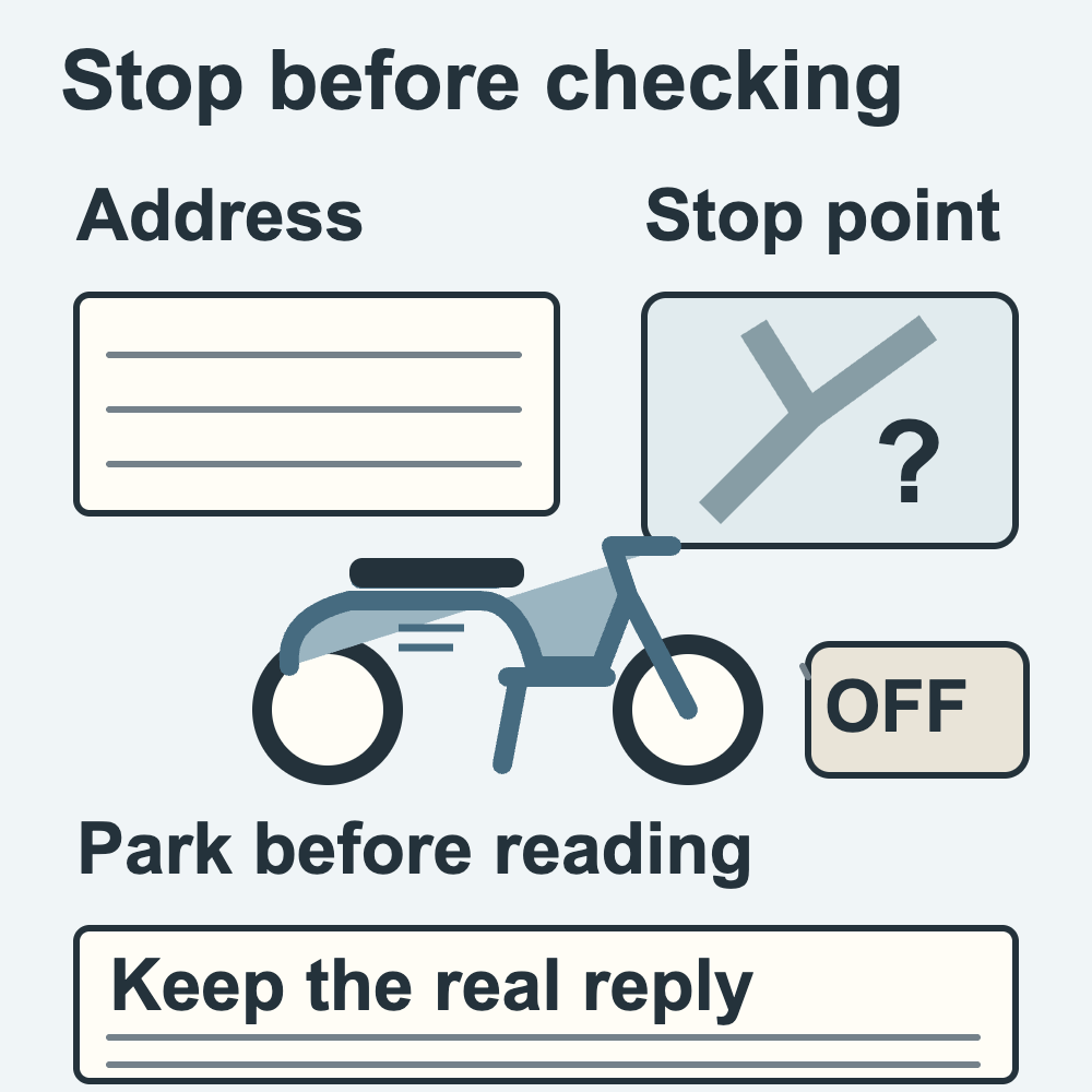 A stationary motorcycle, an unfilled address sheet and a question-mark route sketch, with a blank record for the actual reply.